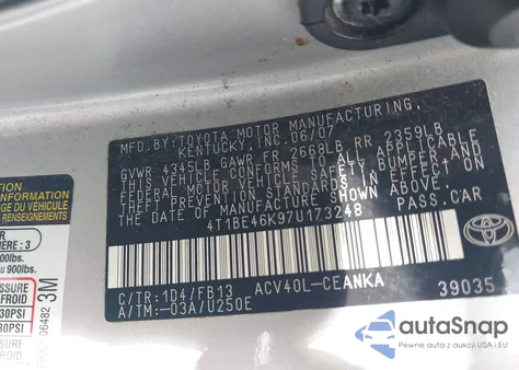2007 Toyota Camry Le from USA, damaged, VIN 4T1BE46K97U173248
